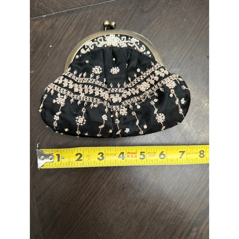 Valerie Stevens‎ Black Beaded Embroidered Evening Bag Kiss Lock Crossbody Mirror
